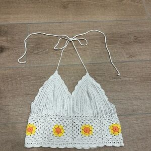 Aerie White Crochet Camisole with Yellow and Orange Floral Design